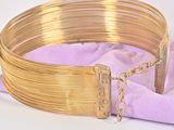 gold plated bracelet with a chain and a clasp on a purple cloth
