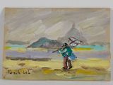 un tableau représentant un homme marchant sur la plage avec un parasol