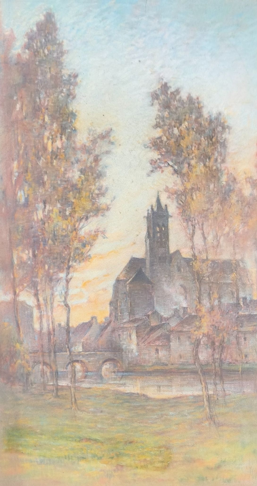 Paul Louis BEAUMONT (1863-1936). L'église de Moret sur Loing. Pastel sur carton. Haut. : 42 cm. Larg. : 24 cm.