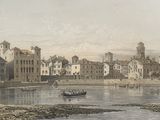 tableau représentant une vue d'une ville avec un bateau sur l'eau