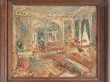 an oil painting of a living room with a piano in it