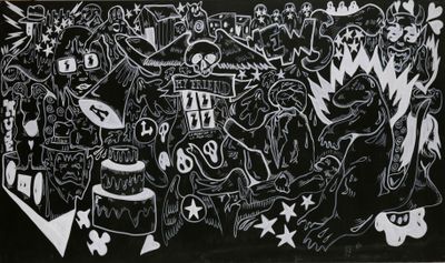 black and white drawing of a group of people in front of a blackboard