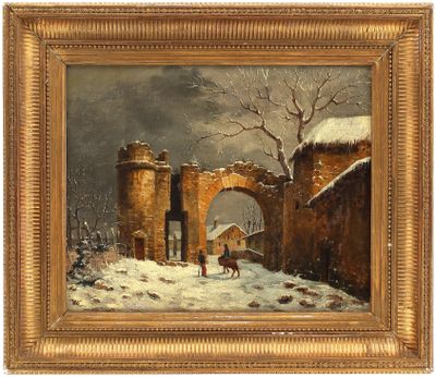 un tableau représentant un paysage enneigé avec un portail et deux personnages