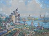 un tableau représentant une vue d'un port avec des bateaux et des bâtiments