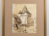 a painting of a castle with a clock tower in the middle of it