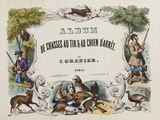 un vieux livre sur lequel figurent un chien et un homme armé d'un pistolet