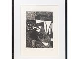a black and white drawing of a woman sitting in a chair