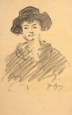 an old drawing of a woman with a hat on her head