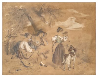 painting of a group of people and a dog in a field