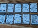Plusieurs disques durs sont alignés sur une surface en bois