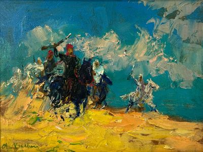 une peinture représentant un groupe d'hommes à cheval