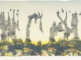 un dessin représentant un groupe de personnes sur une colline