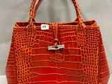 un sac à main en peau de crocodile orange sur fond blanc