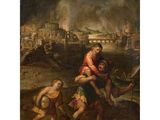a painting of a man carrying a woman across a river