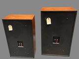 two black speakers with wooden sides and a brown back