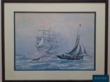 tableau représentant un voilier et un bateau à voile sur une mer agitée