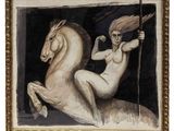 painting of a woman riding a horse with a spear in her hand