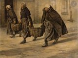tableau représentant trois femmes marchant dans une rue, un panier à la main
