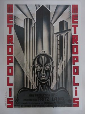 une image représentant une affiche en noir et blanc d'un homme dans une ville futuriste