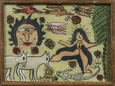 a picture of a painting of a woman and a dog