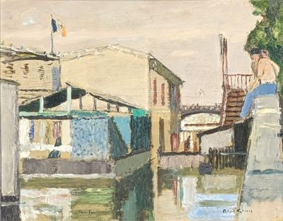 a painting of a man sitting on a dock
