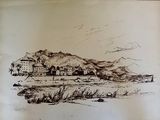 dessin représentant une vue d'une ville avec une montagne en arrière-plan