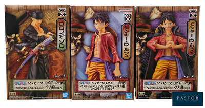 trois figurines « One Piece » et une figurine « One Piece » représentant le même personnage