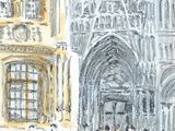 drawing of people walking in front of a large building with a clock on it