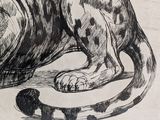 a drawing of a dog laying on the ground next to a ball of yarn