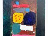 abstract painting of a square with different colored shapes on a black background