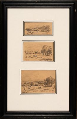 three framed drawings of cattle grazing in a field