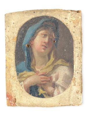une peinture ancienne représentant une femme tenant un bébé dans ses bras