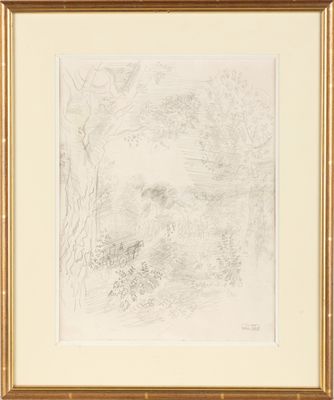 un dessin représentant un paysage avec des arbres et des buissons, dans un cadre doré
