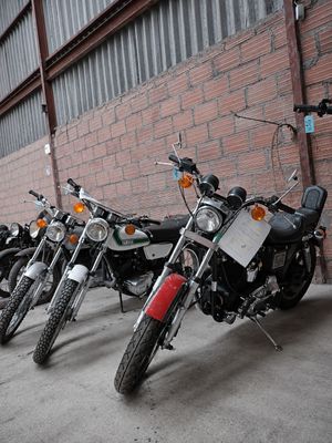 Plusieurs motos sont garées en rangée devant un immeuble