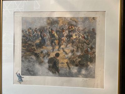 tableau encadré représentant une bataille militaire, exposé dans un musée