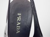 prada black leather peep toe heels with bow detail