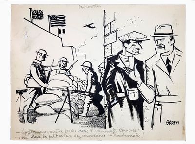 drawing of a group of men in suits and hats standing in front of a building