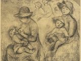 dessin représentant une femme tenant un bébé dans ses bras et deux autres femmes tenant chacune un bébé