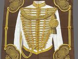 an image of a brown and gold scarf with a military uniform on it