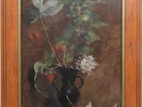 painting of a vase of flowers with leaves and berries on a table