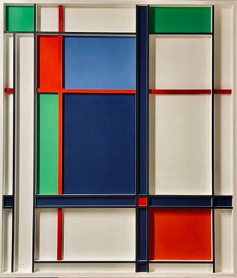 abstract painting of multicolored squares and rectangles in a white frame