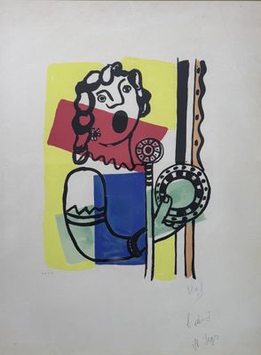 painting of a woman holding a bowl of food and a pair of skis