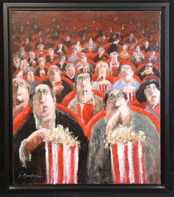an oil painting of a crowd of people watching a movie