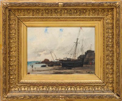 a painting of a boat on a beach next to a body of water