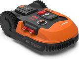 a close up of an orange and black lawn mower on a white background