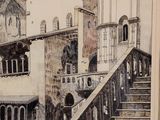 a drawing of a building with a staircase going up it