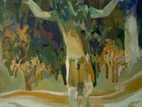 une peinture à l'huile représentant un homme debout au milieu d'une route