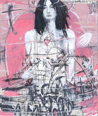 a painting of a woman standing in front of a red wall