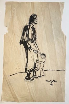 an image of a drawing of a man holding a child ' s hand