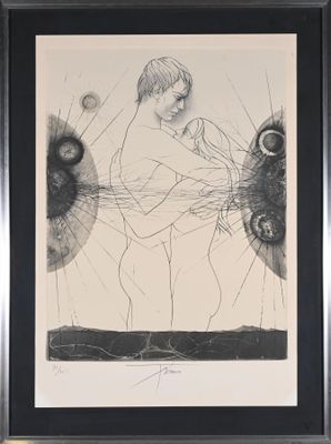 framed drawing of a boy with a broken eye and a broken eyeball